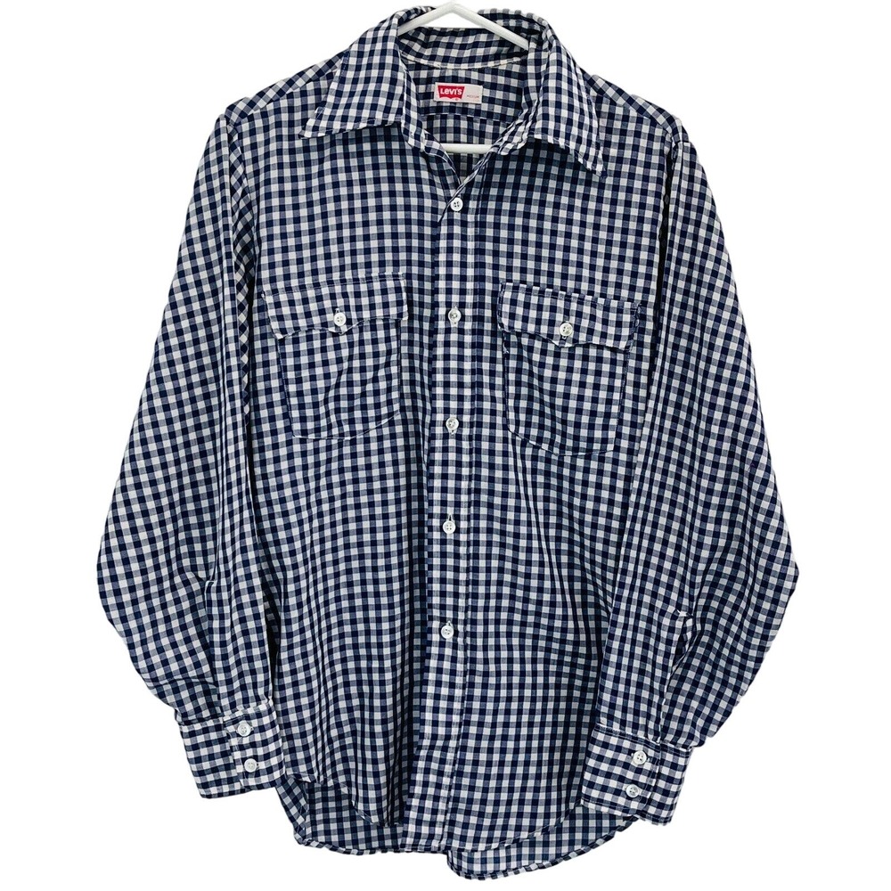 Vtg Mens M Levi's Gingham Western Shirt Button Front Blue White Long Sleeve Flaw